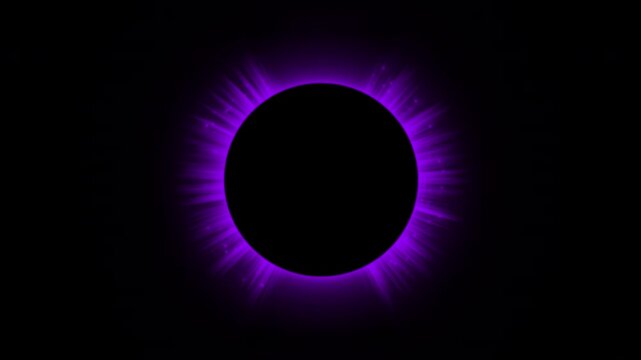 Abstract purple neon circular border animation with lateral glowing beams, intense violet avatar ring with shooting magic particles and light rays isolated on black 4K