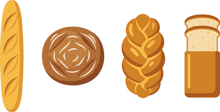 Fresh Bakery Bread Vector Illustration Set Featuring French Baguette, Sourdough Boule, Challah Braided Loaf, and Sliced Toast for Food Menu Designs