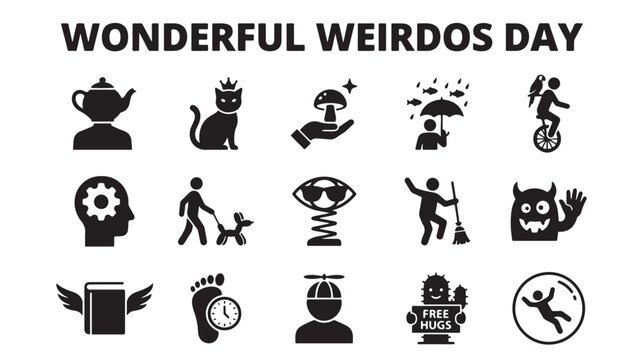 Wonderful Weirdos Day icon set, 15 black vector elements for eccentric and quirky concepts, surreal character symbols for creative projects