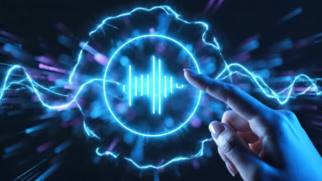 Finger touching glowing blue voice assistant sound wave icon with neon light trails
