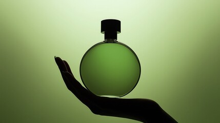 Obraz premium Elegant Silhouette of a Woman Holding a Round Green Perfume Bottle Against a Soft Gradient Background, Professional Studio Product Photography Concept for Luxury Beauty and Fragrance Advertising