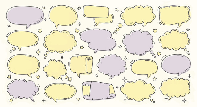 Hand-drawn speech bubbles and thought clouds in pastel yellow and purple tones. Decorative doodle set with talk balloons, message scrolls, and star icons on a neutral background.