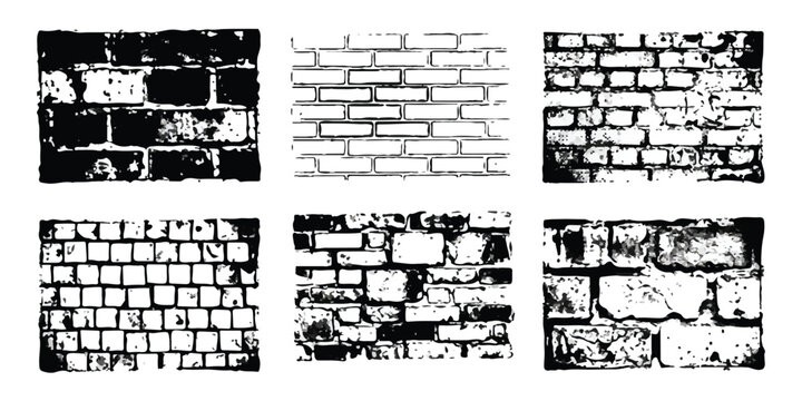 Set of six black and white brick wall patterns and stone textures for design
