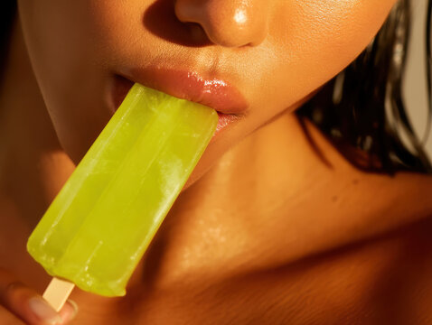 Vibrant summer beauty portrait of a female model enjoying a frozen lime ice pop with sunlit reflections for refreshing vacation theme
