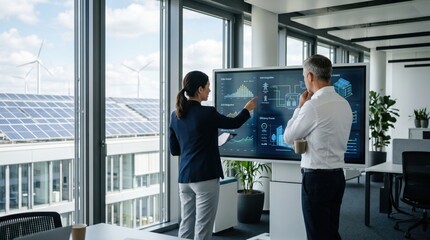 Fototapeta premium Colleagues discussing solar panels and wind turbine performance data on large interactive display in bright office, renewable energy project planning, teamwork