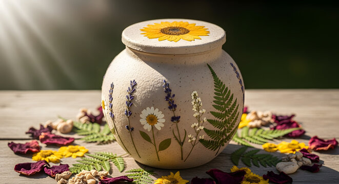 Handmade ceramic memorial urn decorated with pressed flowers. Biodegradable cremation container surrounded by dried petals on a wooden table