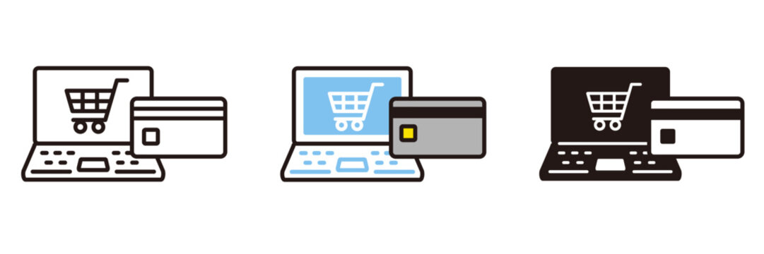 キャッシュレス決済のアイコン。クレジットカードでの買い物。パソコンとカード。Cashless payment icon.
