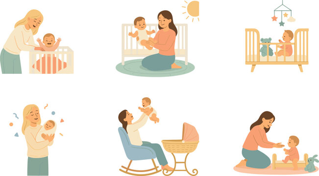 Loving mothers caring for their newborn babies in a nursery setting featuring cribs, a rocking chair, swaddling, and playtime vector illustration character set.