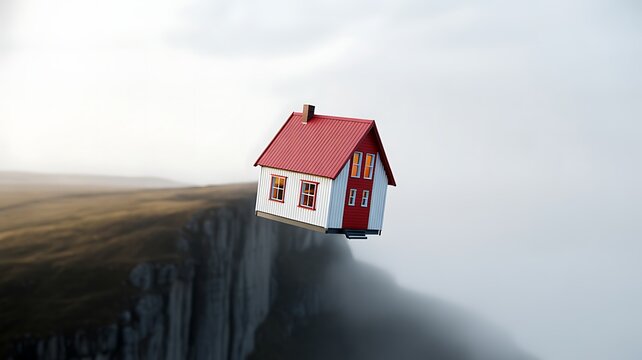 Small house on cliff edge with risk and uncertainty concept