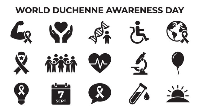 World Duchenne Awareness Day icon set, 15 black vector elements for muscular dystrophy medical charity, healthcare research and disability support graphics