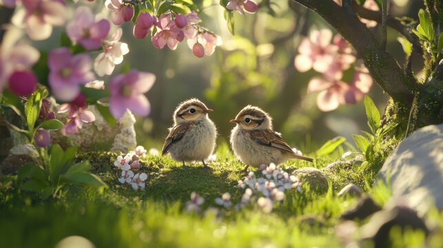 Two small birds in a garden with pink flowers