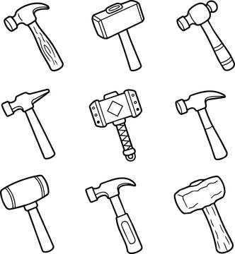 Set of hand drawn hammer and mallet tool outlines