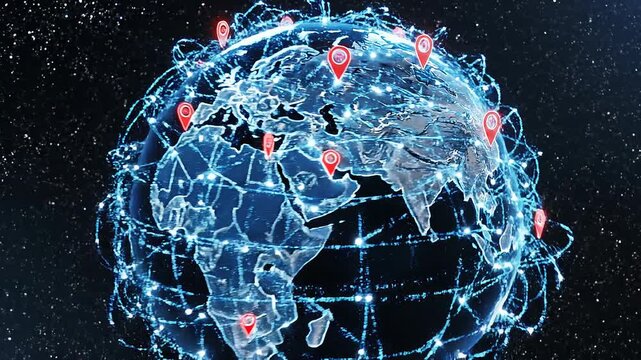 Global digital network connections with location markers over illuminated world map technology concept