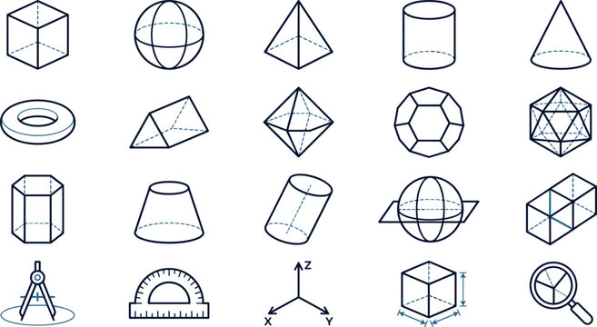 Geometric shapes and 3D mathematics vector icon set featuring cube, sphere, pyramid, cylinder, cone, and spatial geometry symbols