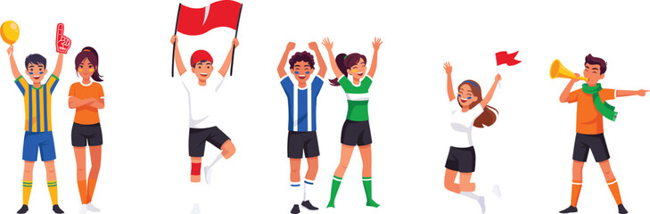Fototapeta premium Cartoon sports fans cheering with flags, balloons, foam finger, and vuvuzela showing team spirit and celebration energy