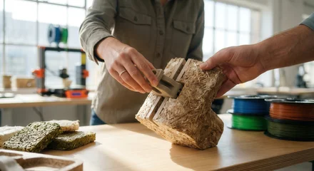 Hands examine a sustainable material sample in a circular economy workshop. © Shootdiem