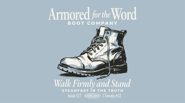 Vintage boot illustration. Armored for the word design. Christian t shirt vector graphic.. Work bo