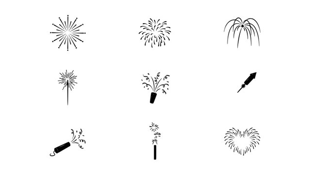 Fireworks Icon Set with Party Poppers and Sparkler Blasts for Celebration Design, Festive Icons on White Background