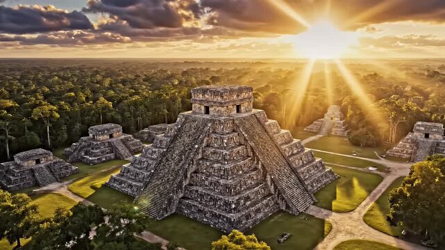 Ancient Mayan pyramids bathed in golden sunrise light within a dense jungle.