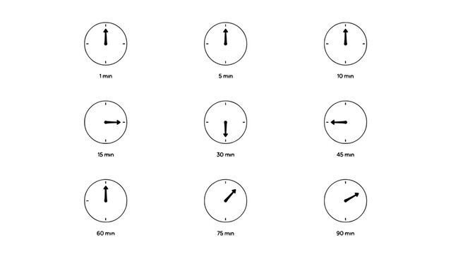 Timer Icon Set of Nine Circular Countdown Symbols in a 3x3 Grid with Minute Labels Featuring Counter, Time, Minutes with Layout