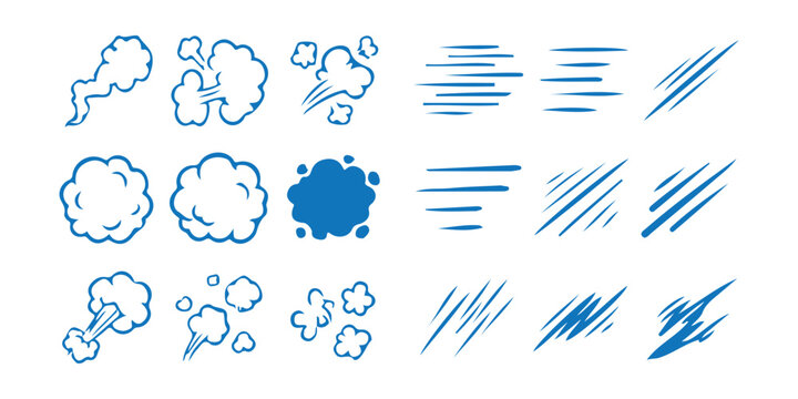 Set of hand drawn cartoon smoke clouds and motion speed lines for comic books and animation