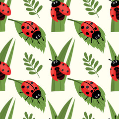 Cute ladybug seamless pattern with green leaves and grass vector illustration. Ladybird insect background isolated on white. Perfect for kids fabric, nursery textile and wallpaper design. © Nadiia