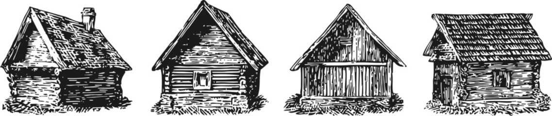 Fototapeta premium Four rustic wooden cabins hand drawn vintage countryside cottages illustration