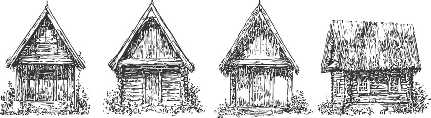 Fototapeta premium four rustic wooden cabins hand drawn vintage rural huts vector illustration