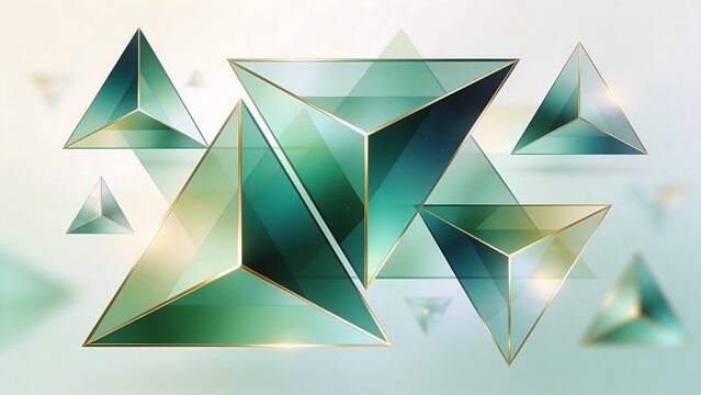 Abstract geometric background with glowing green glass pyramids and gold edges. Sophisticated graphic for technology headers, modern business presentations, or futuristic digital design art.