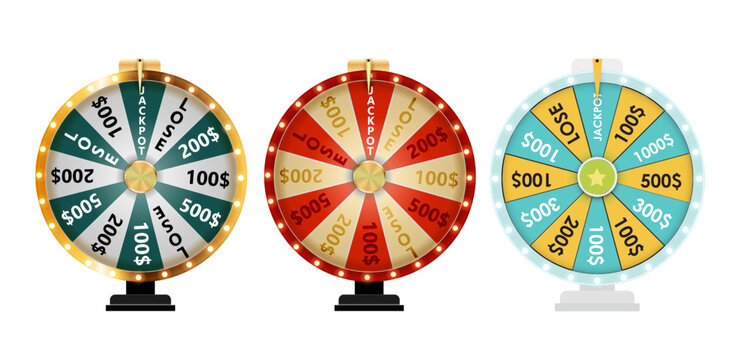 Three colorful prize wheels with dollar amounts and jackpot sections on white background