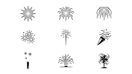 Obraz premium Firework Party Popper Icons Set in Black Line Art on White Background with Sparkling Bursts and Confetti Effects