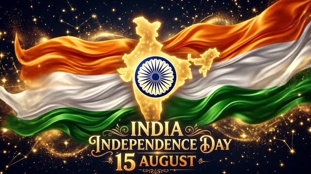 15 August India Independence Day celebration featuring waving tri color flag and glowing map on golden background.