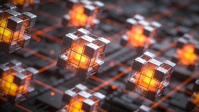 High tech abstract background with floating cubes and glowing orange energy cores. Perfect for gaming website headers, futuristic technology blogs, and advanced computer science visuals.