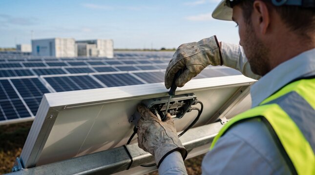 Technician repairing solar panel junction box with screwdriver at photovoltaic power station