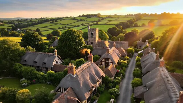 Picturesque village nestled in rolling green hills at sunset.