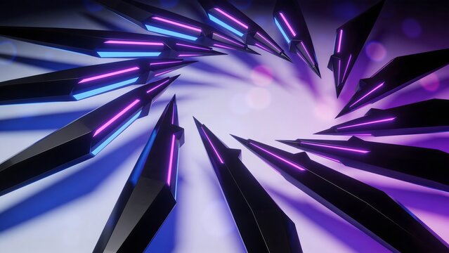 Abstract dark spiked geometric forms with neon purple and blue glowing lights. Suitable for night club event posters, modern gaming graphics, and futuristic electronic music cover art.