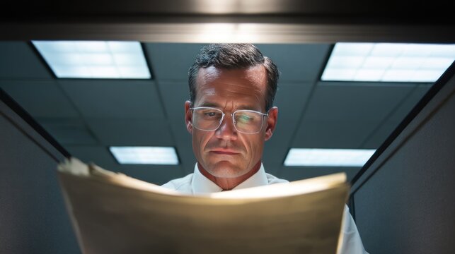Man reviewing documents in office cubicle
