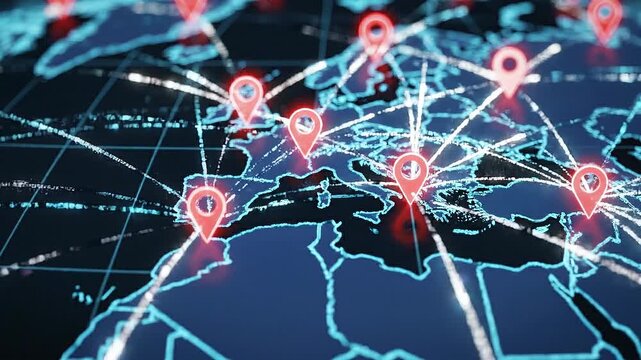 Global digital map with glowing location markers and interconnected network lines representing worldwide connectivity