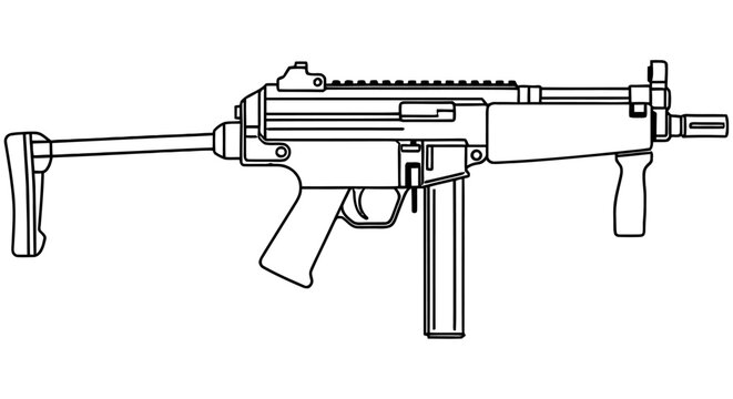 Heckler Koch MP5 submachine gun black line drawing on a white background