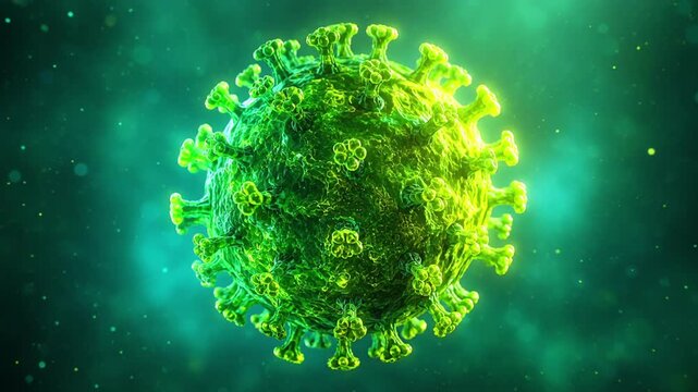 Rotating green virus cell microscopic, dangerous pathogen and disease immunology medical concept 3D animation