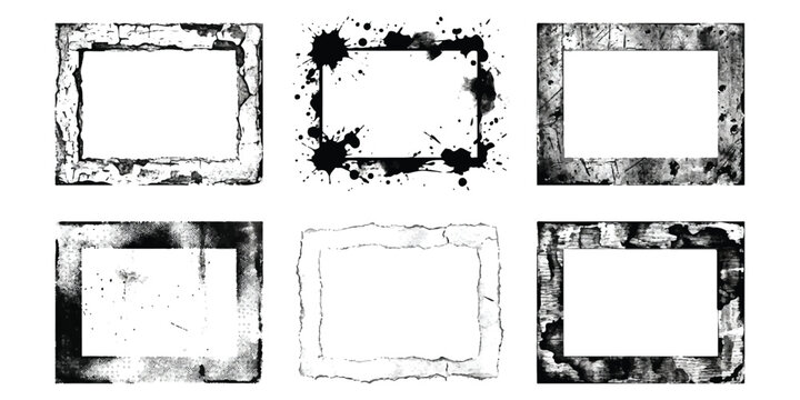 Set of six rectangular artistic frames with grunge ink splatter and distressed texture borders