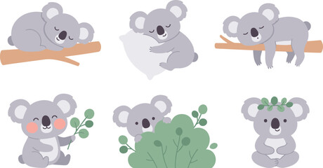 Cute cartoon koala vector illustration set featuring adorable characters sleeping on tree branch hugging pillow holding eucalyptus and hiding in bush. © MbBasir