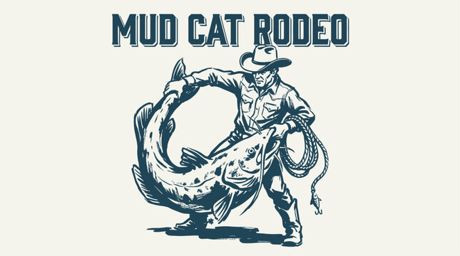 Mud cat rodeo design. Cowboy fishing vintage artwork. Retro catfish wrestling graphic