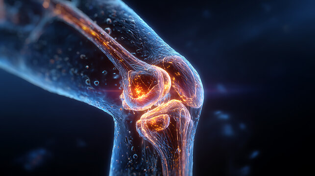 Glowing elbow joint with highlighted bones and inflammation on dark background