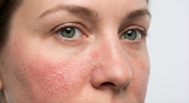 Close-up of a woman face with dry, flaky skin, redness, and irritation on cheeks and nose.