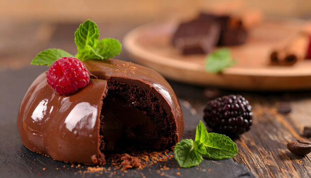 Chocolate dessert close up with rich texture indulgent sweetness elegant gourmet food presentation scene