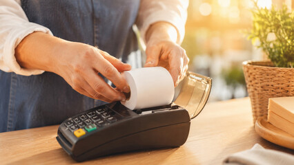 Fototapeta premium Person using card payment terminal with receipt