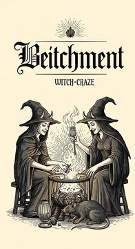 Vintage Gothic Witches Brewing Potion Around Cauldron on Occult Poster