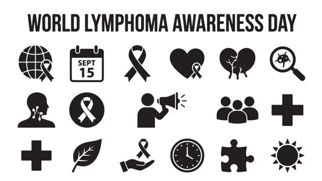 World Lymphoma Awareness Day icon set, black medical cancer symbols for September 15, healthcare ribbon and oncology vector elements