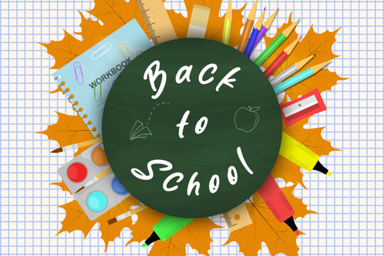 Back to School design with chalkboard, colorful school supplies, autumn maple leaves, and notebook. Educational banner for posters, flyers, and promotions. Vector illustration.